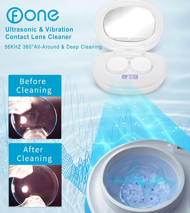 ofone Contact Lens Cleaner, Ultrasonic Contact Lens Cleaning Machine with USB Charger, Timer Display and 5 Contact Solution Cases Kit Replacement for Soft Hard Colored RGP Lenses (White) - Image 2
